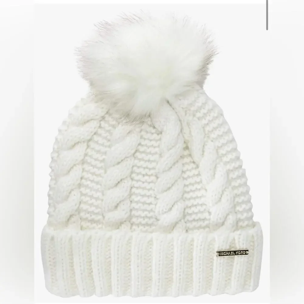NWT - Michael Michael Kors - Women`s Cable Knit Teddy Fleece Faux Fur Pom Po…